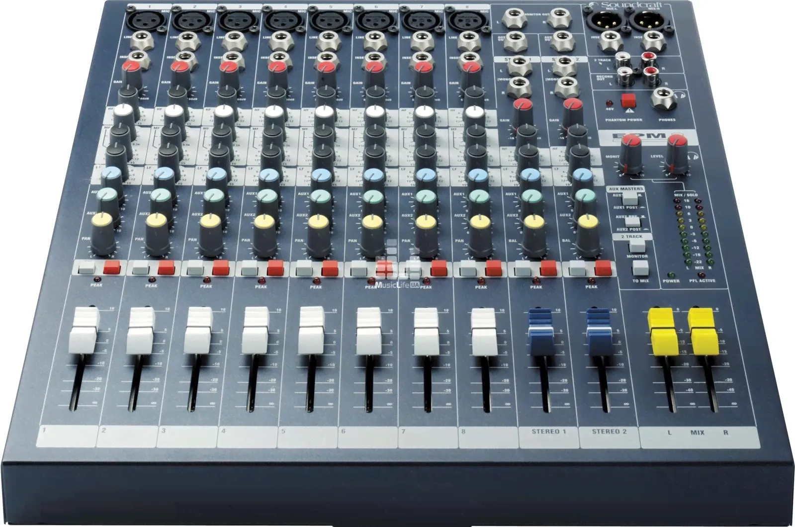 Soundcraft EPM8 микшерный пульт 8 моно, 2 стерео, 2 Aux, фейдеры 60 мм, монтаж в рэк-0